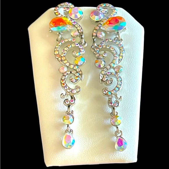 Rhinestone Dangle Earrings Silver AB Crystal Drop Earrings Prom Dress Earrings - Picture 10 of 12